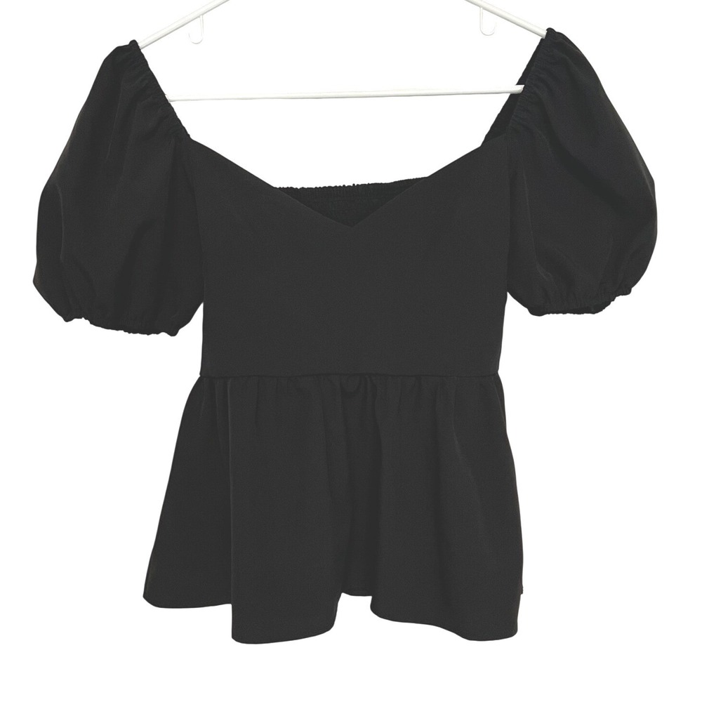 LYANER Women's Medium Peplum Top Black Puff Sleeve Smocked Sweetheart Blouse